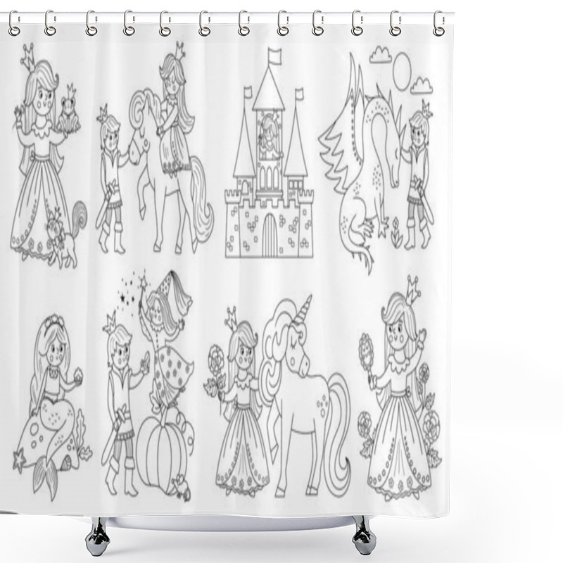 Personality  Fairy Tale Black And White Vector Princess Set. Fantasy Line Girl Collection. Medieval Fairytale Maid Coloring Page. Girlish Cartoon Magic Icons Pack With Sleeping Beauty, Frog Prince Shower Curtains