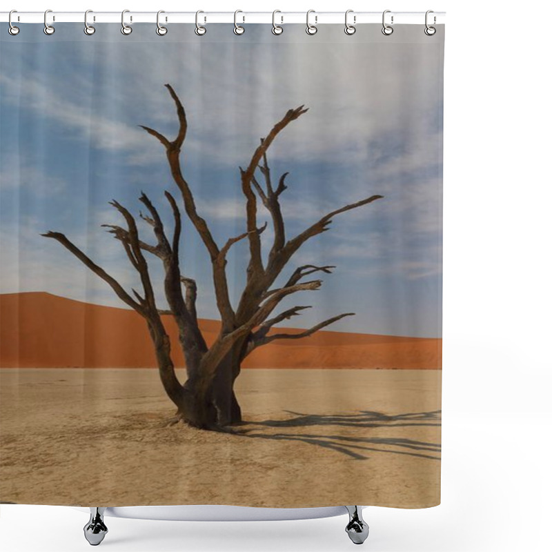 Personality  Deadvlei, A Vast Desert Landscape In Sossusvlei, Namibia, Featuring A White Clay Pan Surrounded By Towering Red Sand Dunes And Scattered Dead Camelthorn Trees Under A Blue Sky Shower Curtains