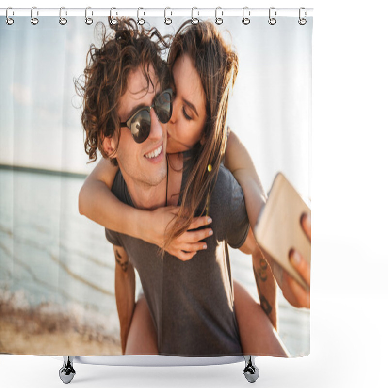 Personality  Young Happy Couple Kissing And Making Selfie At The Beach Shower Curtains