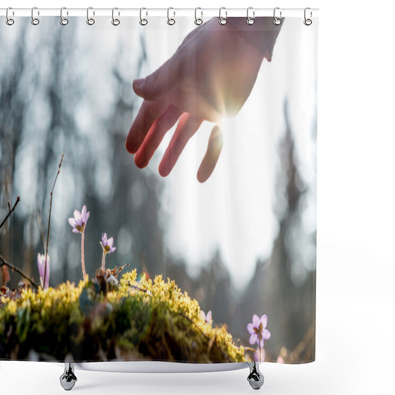 Personality  Hand Of A Man Above A Mossy Rock With New Delicate Blue Flower Shower Curtains