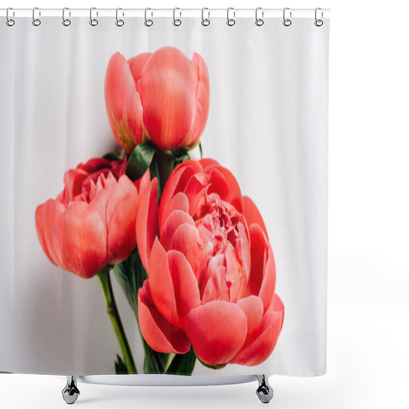 Personality  Top View Of Pink Peonies With Green Leaves On White Background Shower Curtains