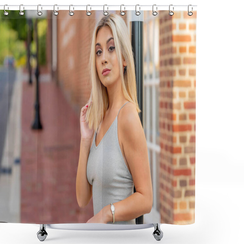 Personality  A Beautiful Young Woman Strolls Through Her Quaint Small Town, Basking In The Warmth Of Spring. Surrounded By Blooming Flowers And Fresh Air, She Radiates Joy, Enjoying The Peaceful Solitude. Shower Curtains