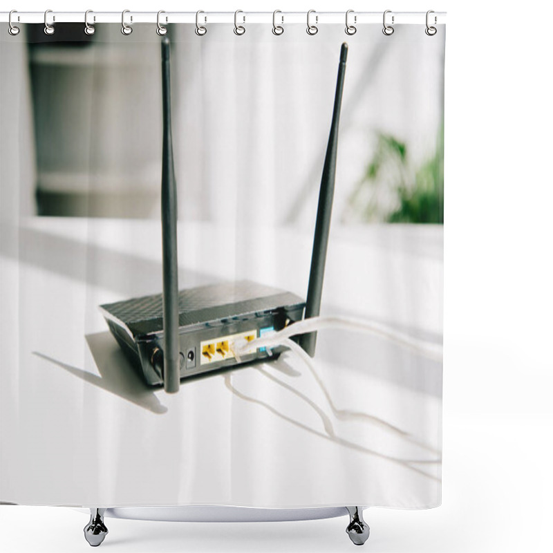 Personality  Black Plugged Router On White Office Table In Sunshine Shower Curtains