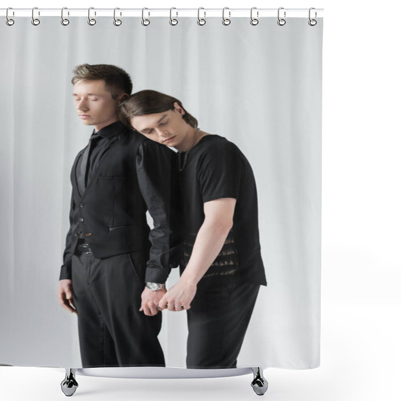 Personality  Young Gay Couple With Closed Eyes Holding Hands Isolated On Grey  Shower Curtains