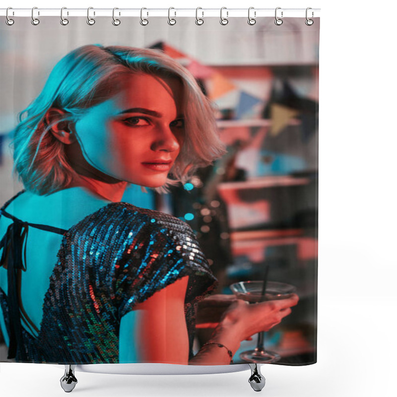 Personality  Attractive Blonde Girl Holding Glass With Cocktail At Party Shower Curtains