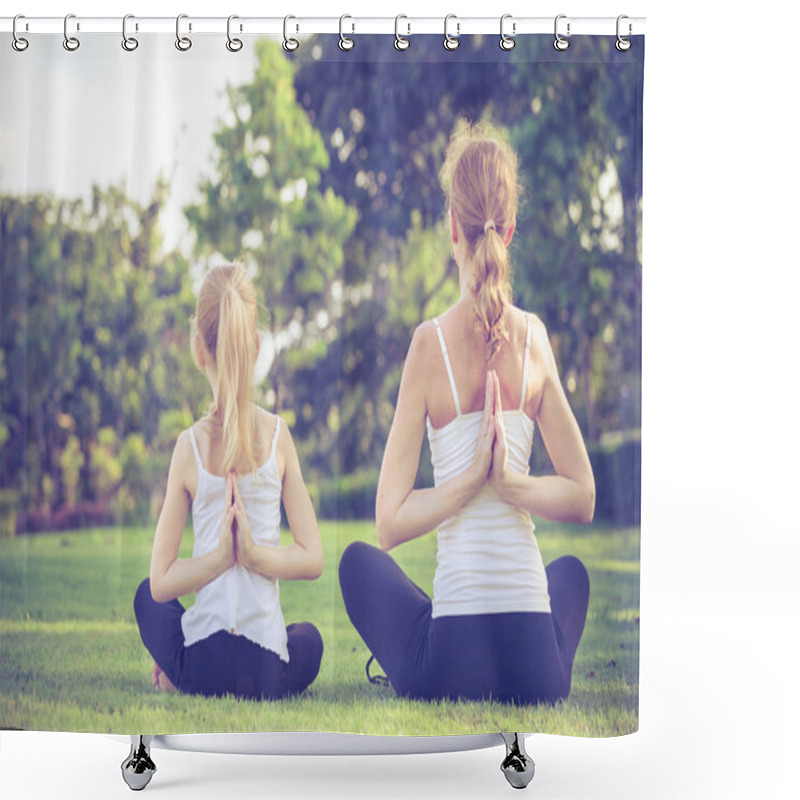 Personality  Mother And Daughter Doing Yoga Exercises On Grass In The Park. Shower Curtains