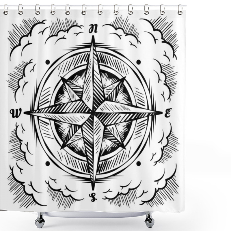 Personality  Antique Compass Rose, Stylized Clouds Shower Curtains