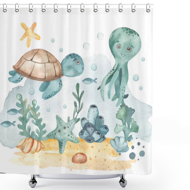 Personality  Marine Animals, Octopus, Fish, Sea Turtle, Starfish, Algae, Coral, Shell, Ocean Floor Underwater Composition Shower Curtains