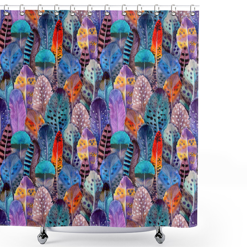 Personality  Hand Drawn Watercolour Bird Feathers Vibrant Bright Seamless Pattern Illustration. Shower Curtains