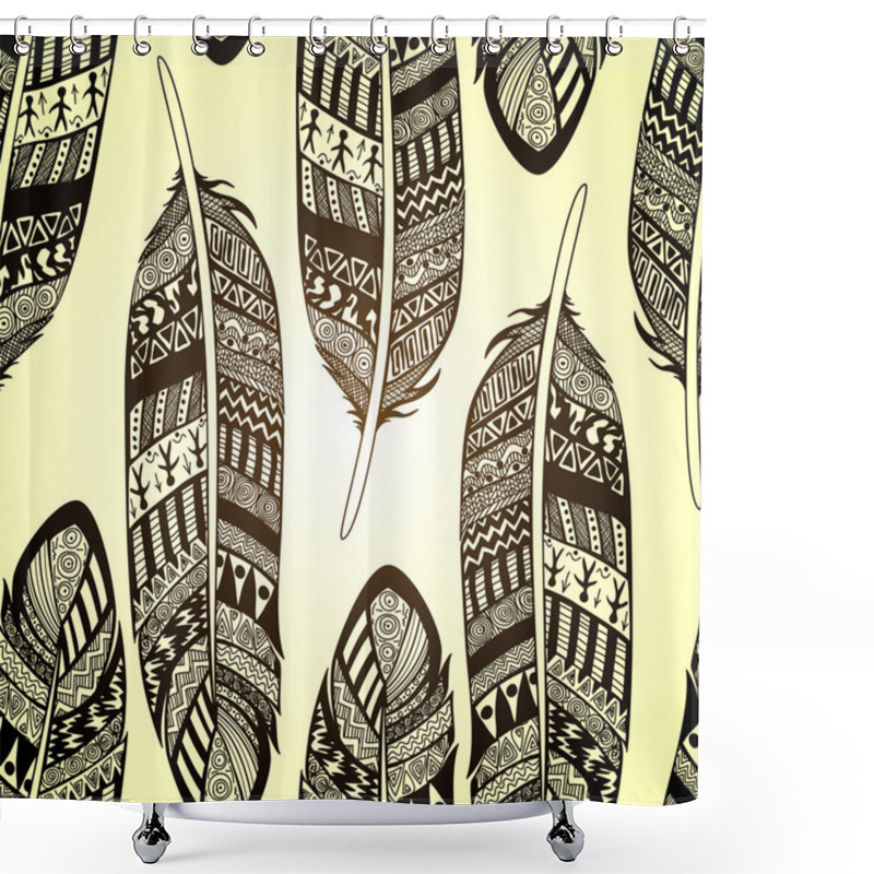 Personality  Vector Seamless Pattern With Etno Ornate Feathers Shower Curtains