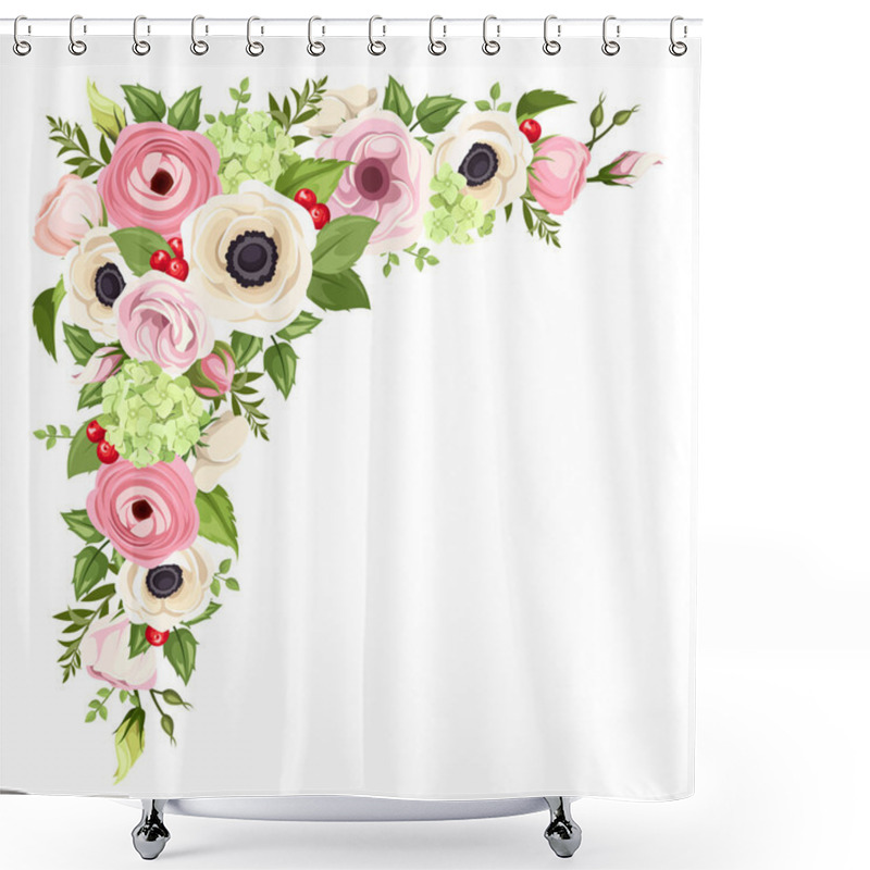 Personality  Pink And White Anemones, Lisianthuses, Ranunculus And Hydrangea Flowers And Green Leaves. Vector Corner Background. Shower Curtains