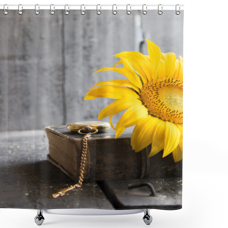 Personality  Sunflower - Flower Background, Gold Pocket Watch And Book Shower Curtains