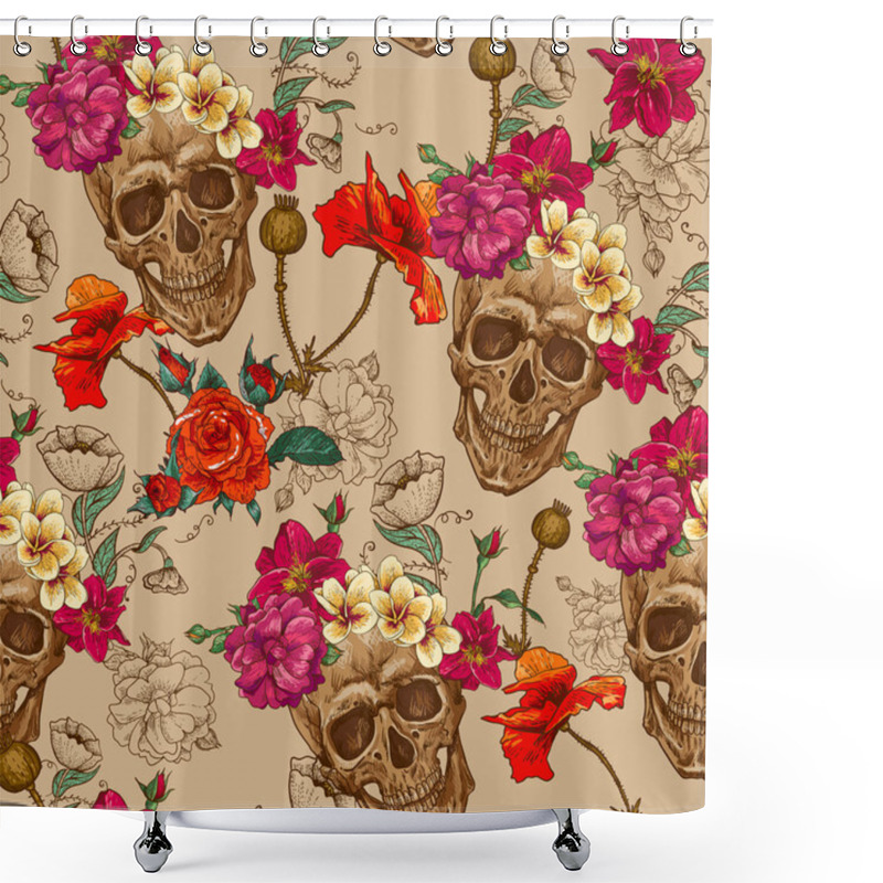 Personality  Skull And Flowers Seamless Background Shower Curtains