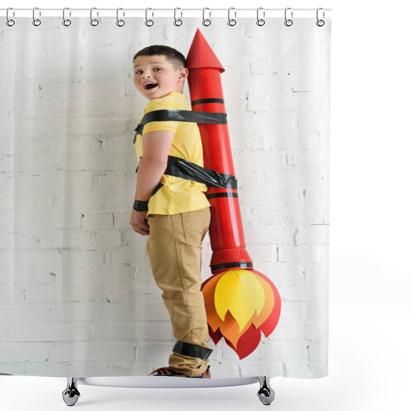 Personality  Smiling Pre-adolescent Boy Standing With Rocket Toy On Back At Home Shower Curtains