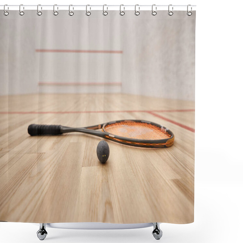 Personality  Ball And Racquet On Floor Inside Of Indoor Squash Court, Motivation And Determination Concept Shower Curtains