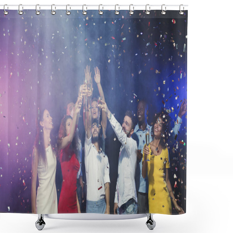 Personality  Group Of Young People Celebrating New Year With Champagne At Night Club Shower Curtains