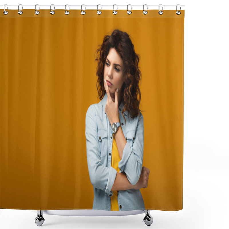 Personality  Pensive Curly Redhead Woman Touching Lips While Thinking On Orange  Shower Curtains