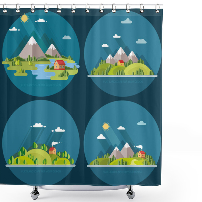 Personality  Summer  Landscape Set. Houses In The Mountains Among The Trees,  Shower Curtains