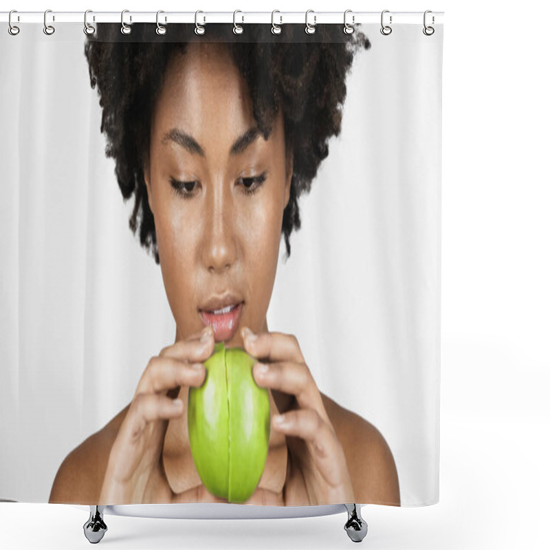 Personality  Pretty African American Woman Holding Halves Of Apple Isolated On Grey  Shower Curtains