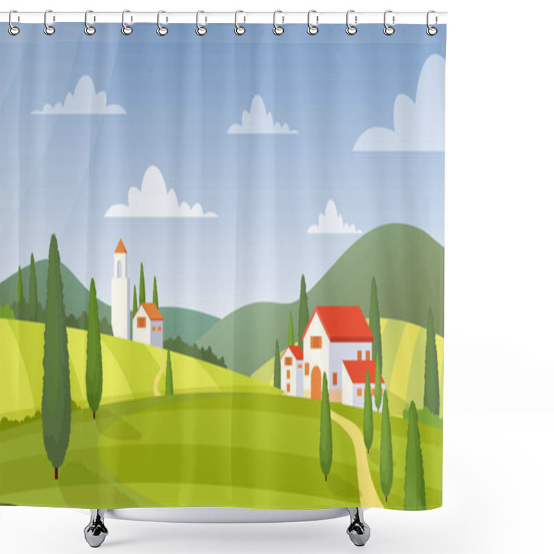 Personality  Rural Landscape Panorama Flat Vector Illustration. Italy Farmland Buildings And Green Meadow At Daytime. Countryside Houses Exterior. Cottages On Nature. Field And Blue Sky Scenery. Country Villa. Shower Curtains