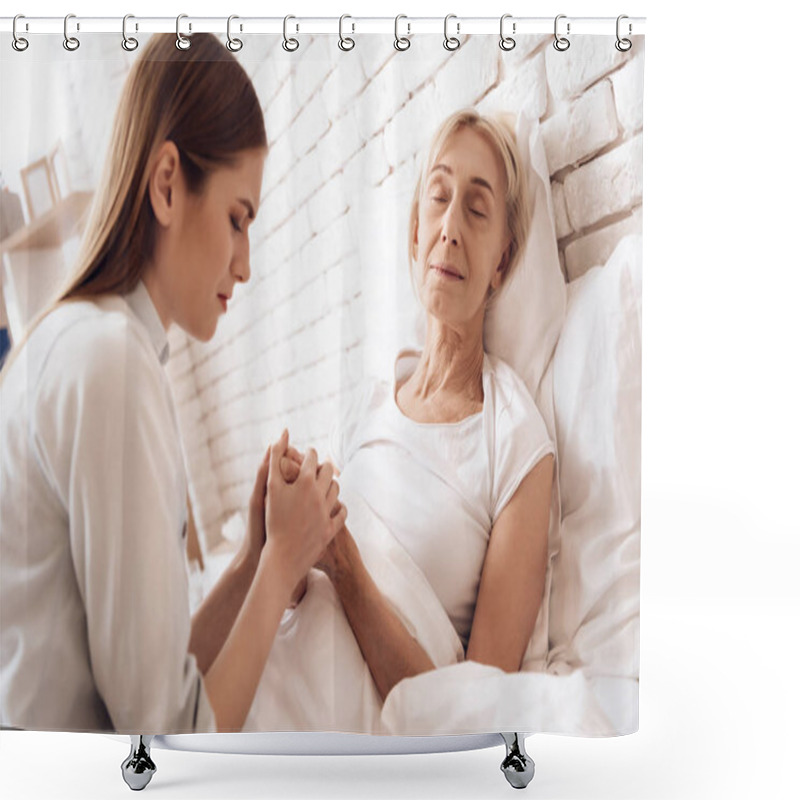 Personality  Girl Caring For Elderly Woman Which Feeling Bad And Holding Her Hands Shower Curtains