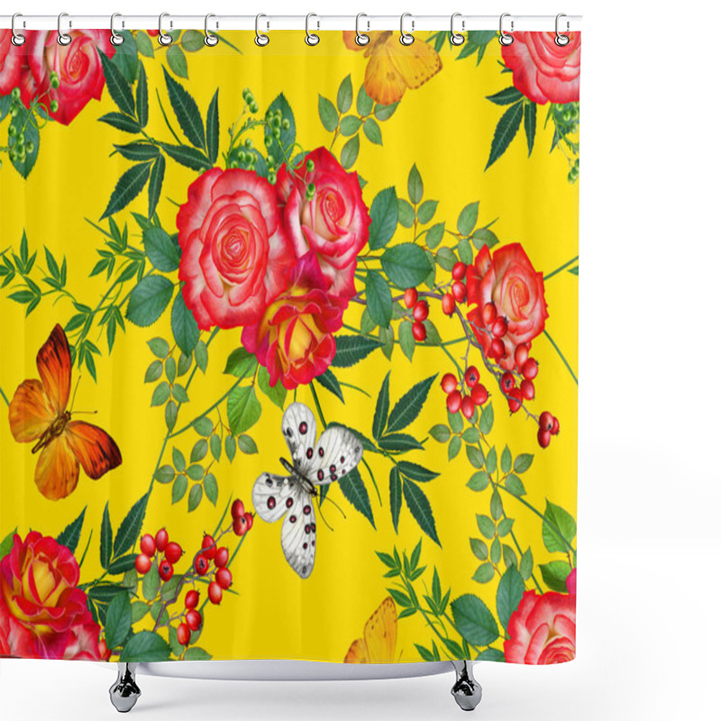 Personality  Floral Seamless Pattern. Red Large Roses, Green Leaves, Yellow Flowers, Butterfly. Shower Curtains