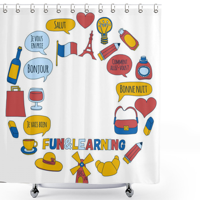 Personality  Online French Courses Language School Vector Set Of Doodle Icons Shower Curtains