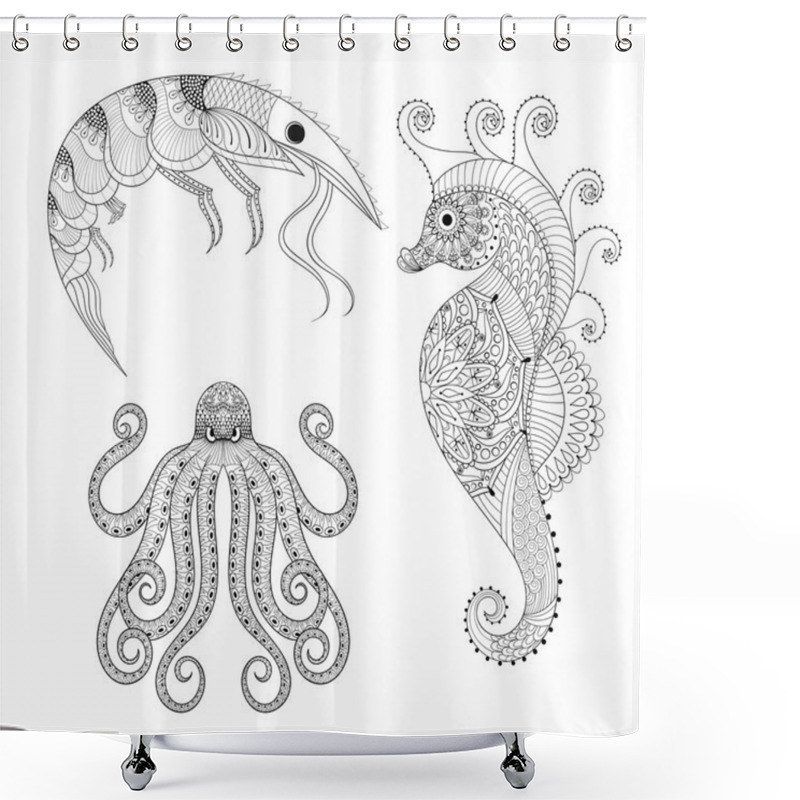 Personality  Hand Drawn Zentangle Shrimp, Sea Horse, Octopus For Adult Anti S Shower Curtains