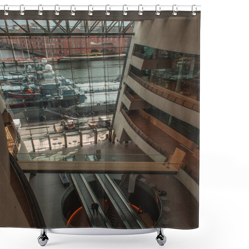 Personality  COPENHAGEN, DENMARK - APRIL 30, 2020: High Angle View Of Interior Of Black Diamond Royal Library With Ships In Harbor, Copenhagen, Denmark  Shower Curtains