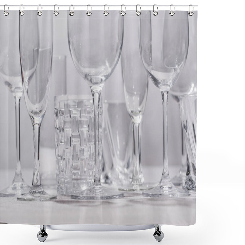 Personality  Empty Glasses On White Surface Isolated On Grey  Shower Curtains