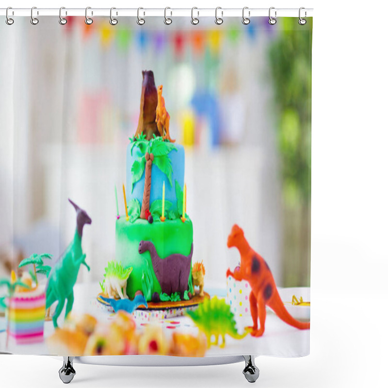 Personality  Kids Birthday Party. Dinosaur Theme Cake. Little Girl Blowing Candles And Opening Gifts. Children Event. Decoration For Dinosaurs Themed Celebration. Shower Curtains