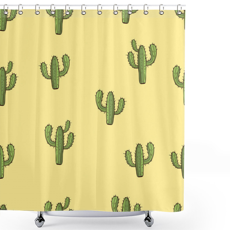 Personality  Cactus Seamless Pattern, Hand Drawing, Vector Illustration. Painted Green Peyote With Spikes On Yellow Background. For Fabric Design, Cloth, Wallpaper, Decorating Shower Curtains