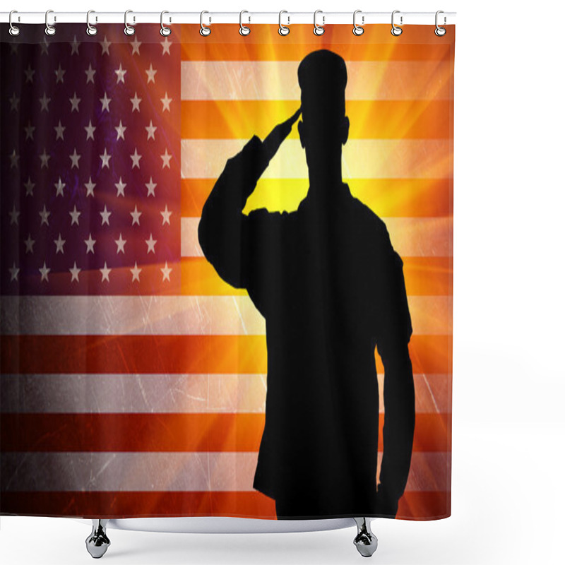 Personality  Proud Saluting Male Army Soldier On American Flag Background Shower Curtains