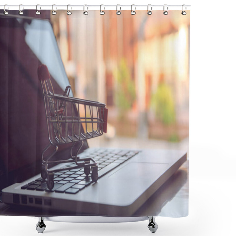 Personality  Shopping Online Concept - Shopping Service On The Online Web. Offers Home Delivery. Empty Shopping Cart On A Laptop Keyboard Shower Curtains