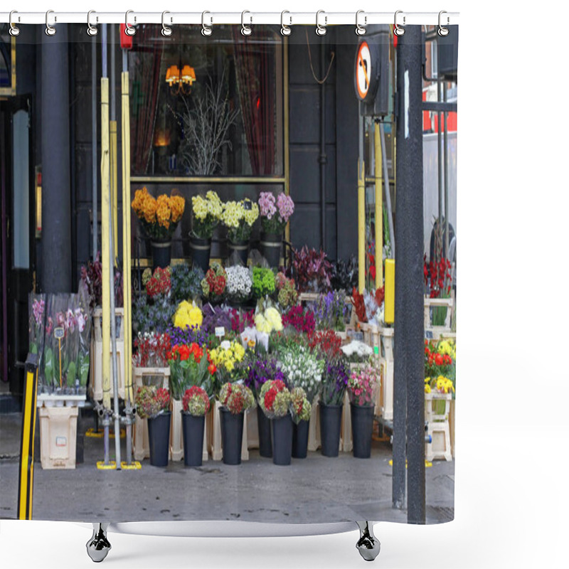 Personality  Selling Flowers In Front Of Building At Street Corner Shower Curtains