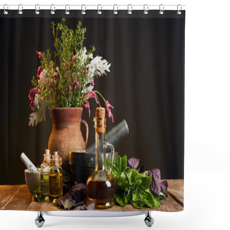 Personality  Clay Vase With Fresh Herbs And Flowers Near Mortar And Pestle And Bottles On Wooden Table Isolated On Black Shower Curtains