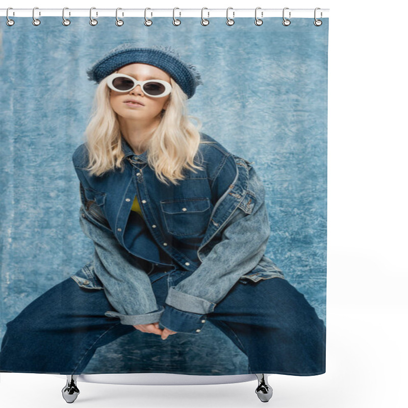 Personality  Young Blonde Woman In Denim Outfit Posing In Panama Hat And Sunglasses Near Blue Textured Background   Shower Curtains