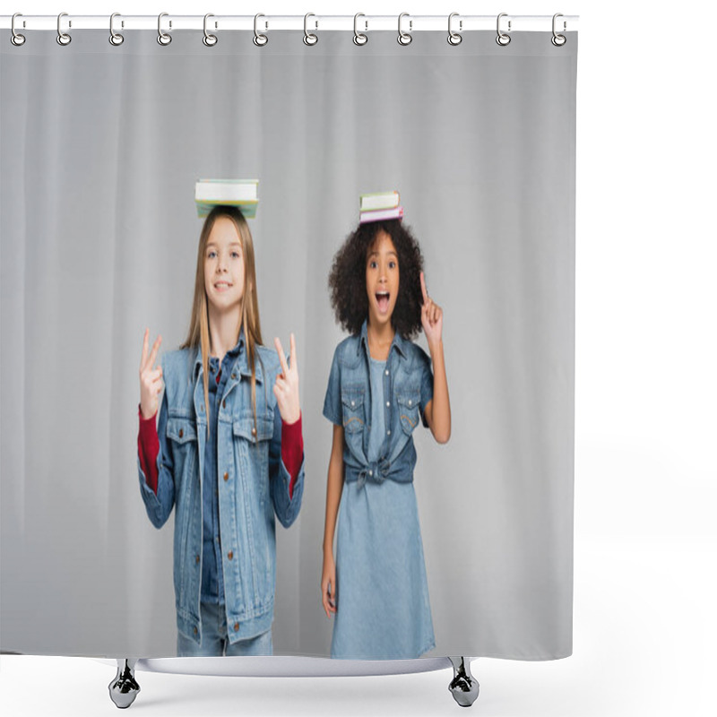 Personality  Excited African American Schoolgirl Pointing With Finger Near Happy Friend Showing Victory Signs Isolated On Grey Shower Curtains