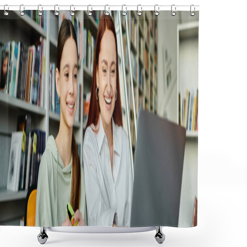 Personality  Tutor And A Student, Are Engrossed In A Laptop, Engaged In After-school Lessons In A Library Setting. Shower Curtains