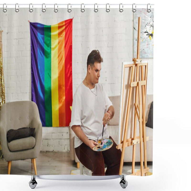 Personality  A Unique Individual Focused On Painting, Surrounded By A Lively Rainbow Backdrop. Shower Curtains