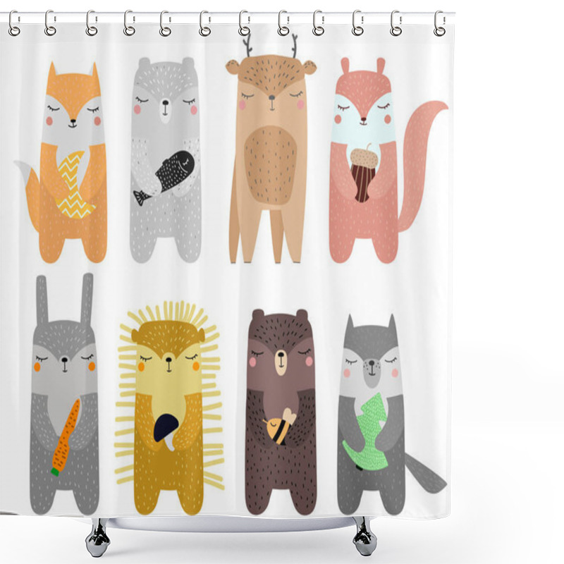 Personality  Set Cute Fox, Bear, Deer, Hedgehog, Squirrel, Hare, Wolf, Polar Bear Scandinavian Style For Kids Hand Drawn Shower Curtains