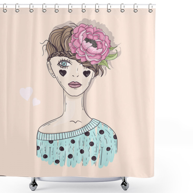 Personality  Cute Fashion Girl Illustration. Young Girl With Braided Hair Shower Curtains