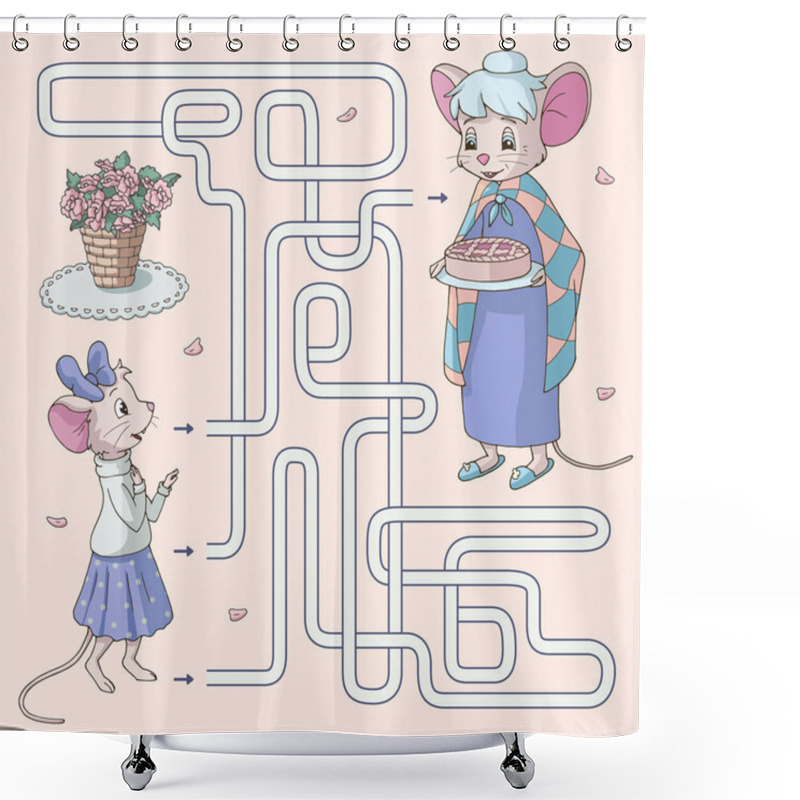 Personality  Labyrinth. Maze Game For Kids. Help Cute Cartoon Girl Mouse Find Path To Her Grandmother Holding A Pie. Vector Illustration. Pastel Colors. Shower Curtains