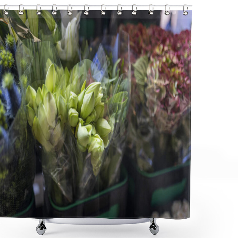 Personality  Bouquets Of Green Lily Buds Among Burgundy Hydrangeas. Shower Curtains