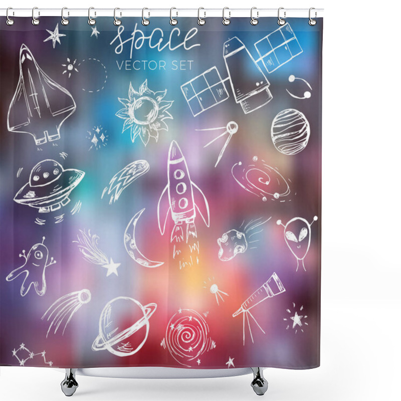 Personality  Space Themed Doodle Set On The Blurred Galaxy Background  Shower Curtains