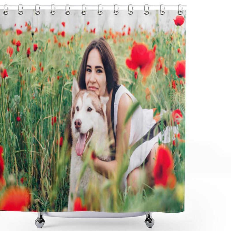 Personality  Young Woman With Dog Shower Curtains