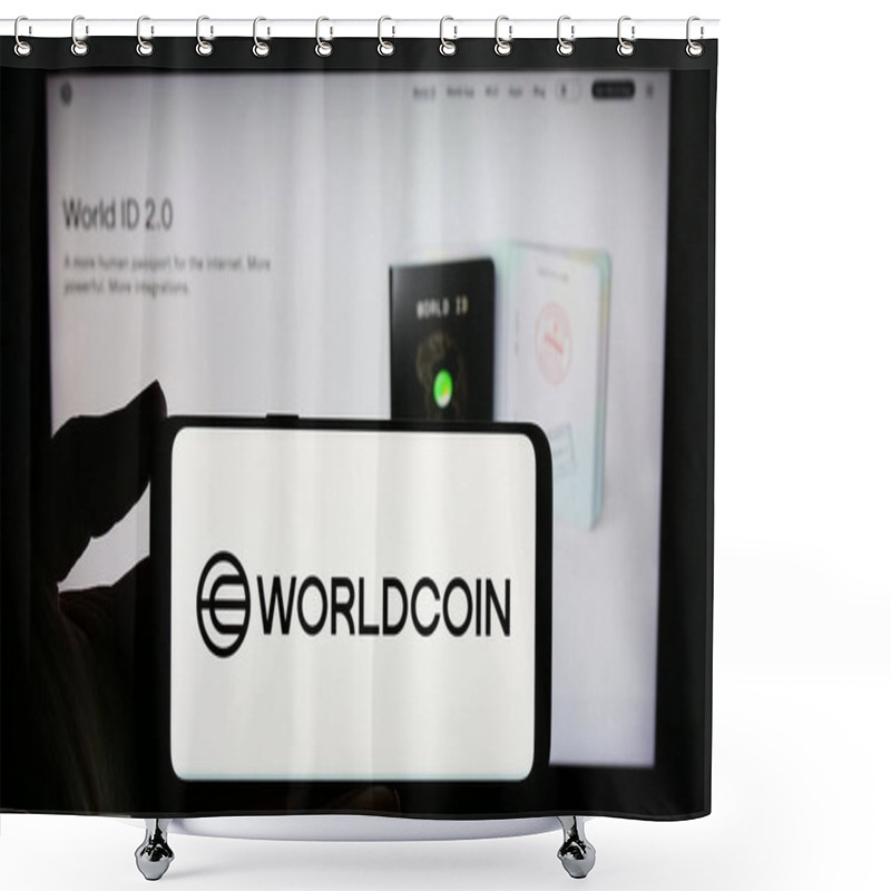 Personality  Stuttgart, Germany - 02-15-2024: Person Holding Smartphone With Logo Of Cryptocurrency Project Worldcoin (Tools For Humanity) In Front Of Website. Focus On Phone Display. Shower Curtains