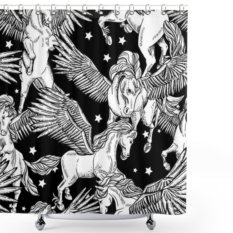 Personality  Vector Monochrome Seamless Pattern Of Winged Pegasus Shower Curtains