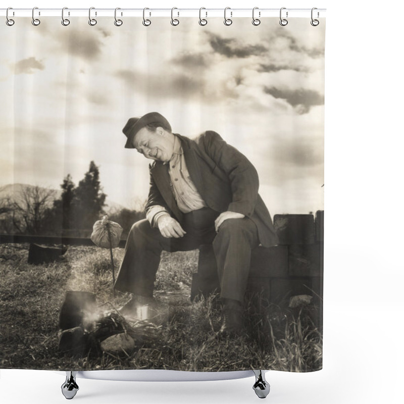 Personality  Mature  Man Sitting Outdoors Shower Curtains