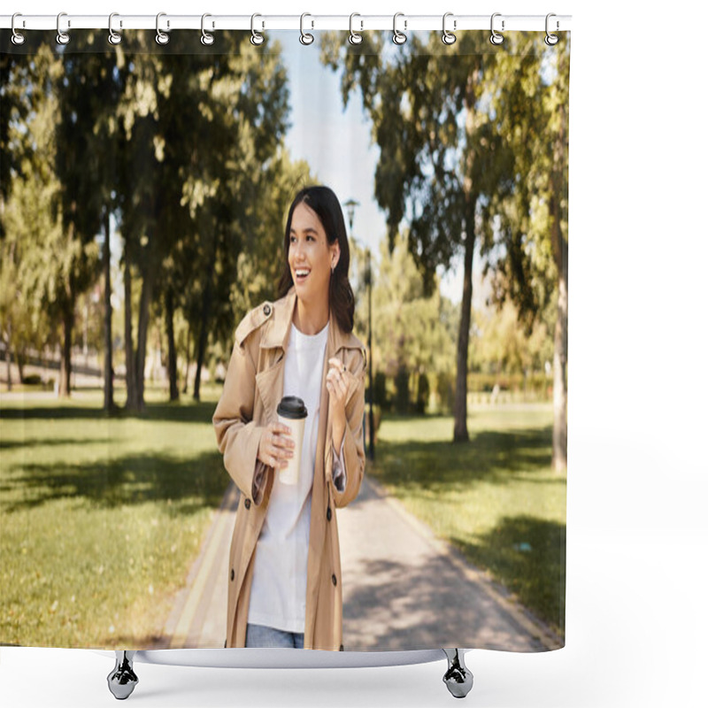 Personality  A Young Woman Dressed In Cozy Autumn Attire Walks Happily Through A Park, Sipping Her Drink. Shower Curtains